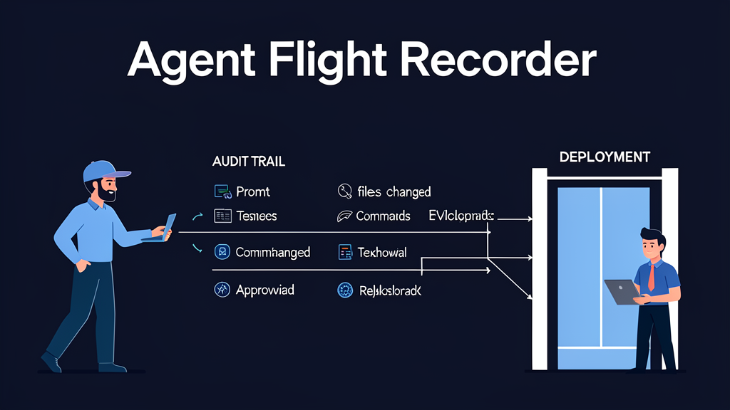 Agent flight recorder diagram showing prompt, files changed, commands, tests, approvals, and rollback notes between a coding agent and deployment gate